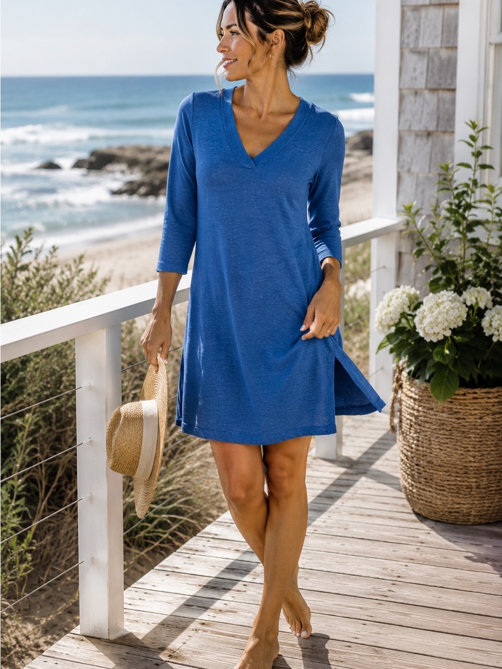 J.Jill Blue Linen Blend Knit Shift Dress Medium V Neck 3/4 Sleeve Casual Midi